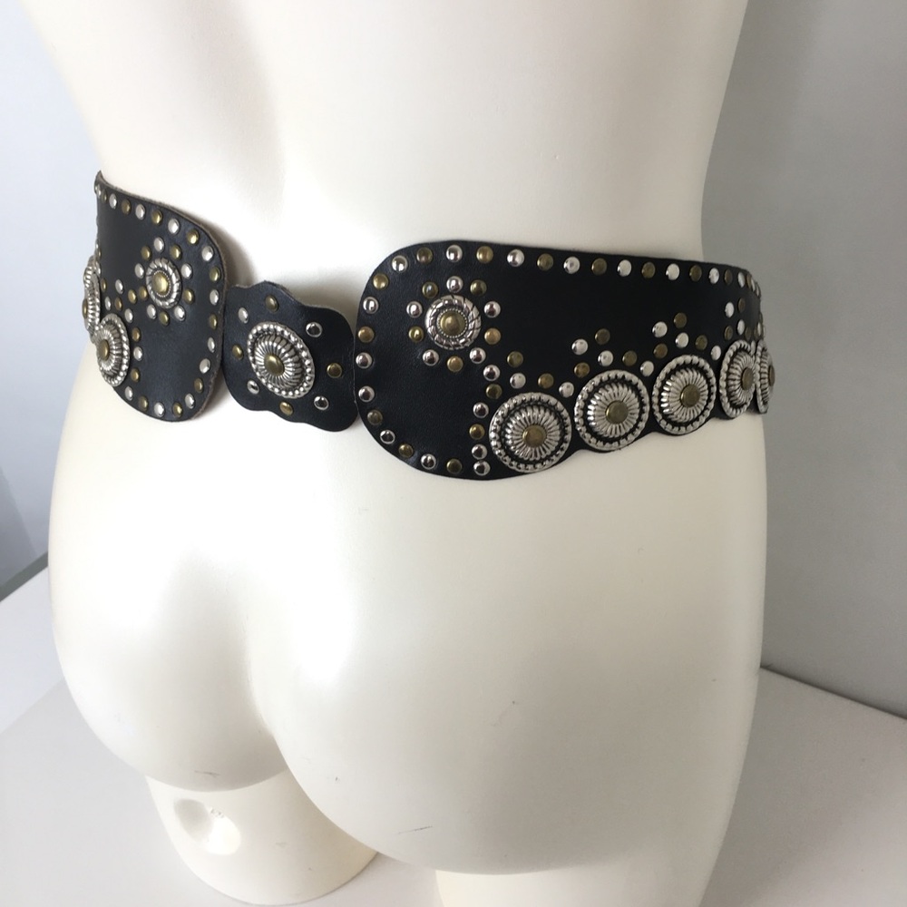 Vintage 80’s  Women’s Leather Concho Stud Corset Belt Western Black Silver Brass
